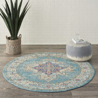 4’ Round Light Blue Distressed Medallion Area Rug