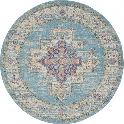 5’ Round Light Blue Distressed Medallion Area Rug