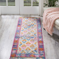 2’ x 6’ Ivory and Magenta Tribal Pattern Runner Rug