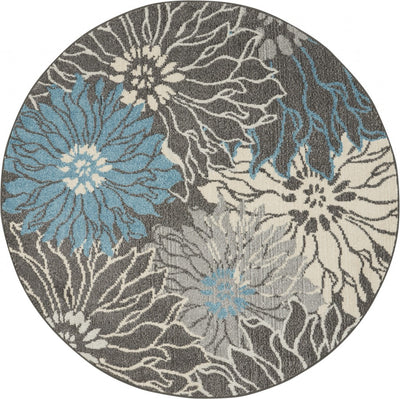 4’ Round Charcoal and Blue Big Flower Area Rug