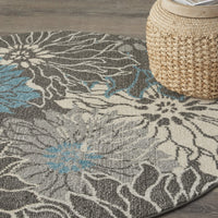 4’ Round Charcoal and Blue Big Flower Area Rug