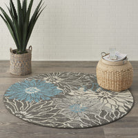 4’ Round Charcoal and Blue Big Flower Area Rug