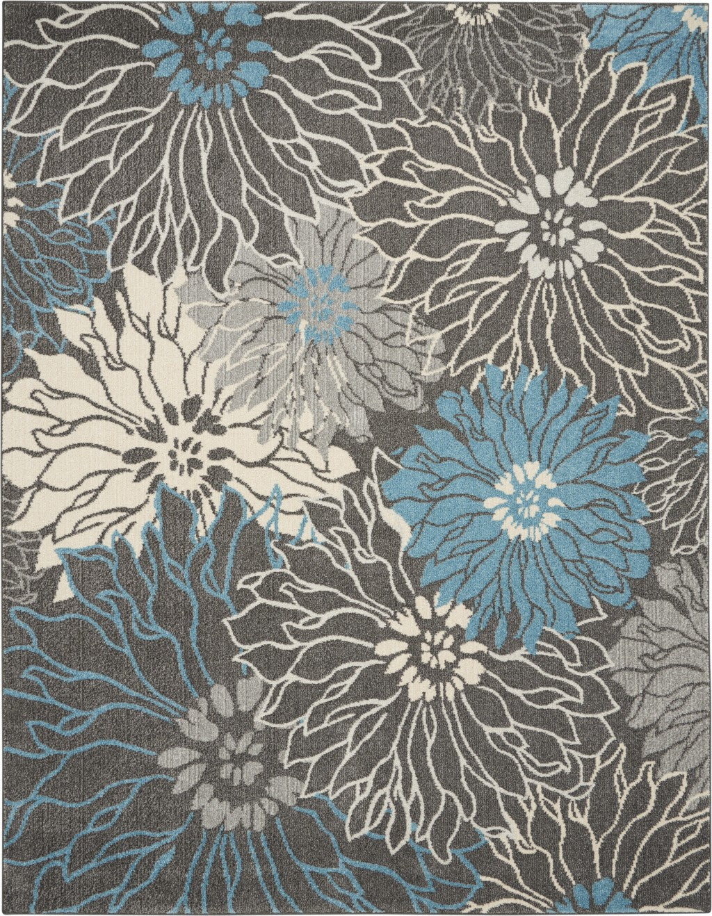 8’ x 10’ Charcoal and Blue Big Flower Area Rug