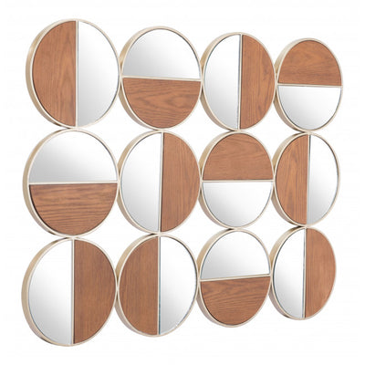 Set of 12 Round Gold and Walnut Finish Wall Mirrors