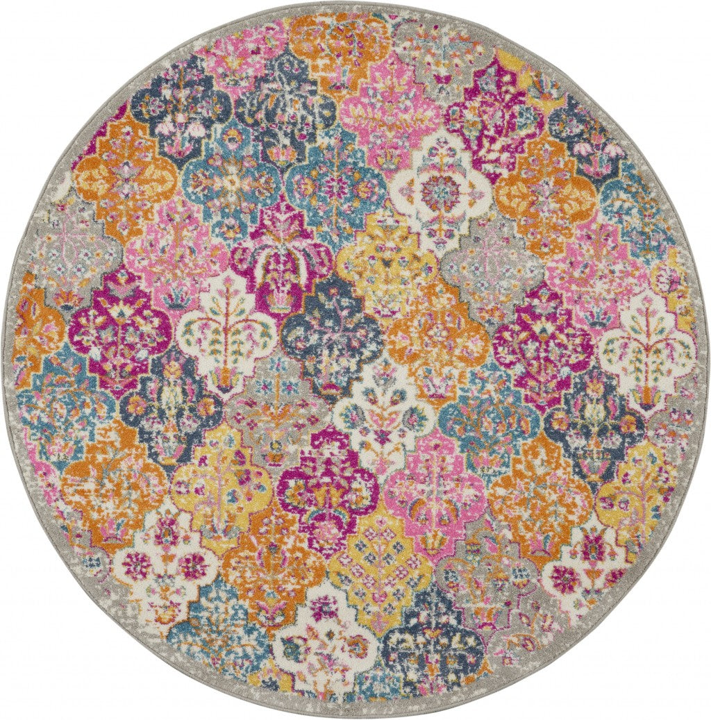 5’ Round Muted Brights Floral Diamond Area Rug