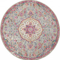 4’ Round Gray and Pink Medallion Area Rug