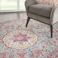 4’ Round Gray and Pink Medallion Area Rug