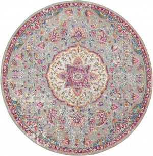 5’ Round Gray and Pink Medallion Area Rug