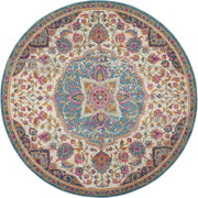 4’ Round Pink and Blue Floral Medallion Area Rug