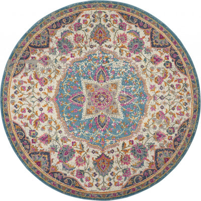 4’ Round Pink and Blue Floral Medallion Area Rug