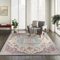 7’ x 10’ Pink and Blue Floral Medallion Area Rug