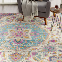 7’ x 10’ Pink and Blue Floral Medallion Area Rug