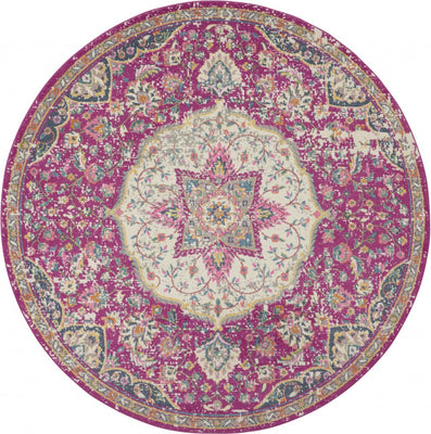 4’ Round Pink and Ivory Medallion Area Rug