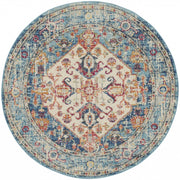 4’ Round Ivory and Light Blue Distressed Area Rug