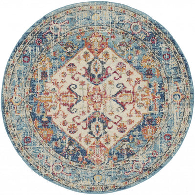 5’ Round Ivory and Light Blue Distressed Area Rug