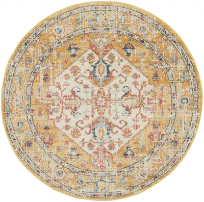 5’ Round Ivory and Yellow Center Medallion Area Rug