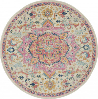 5’ Round Ivory and Pink Medallion Area Rug