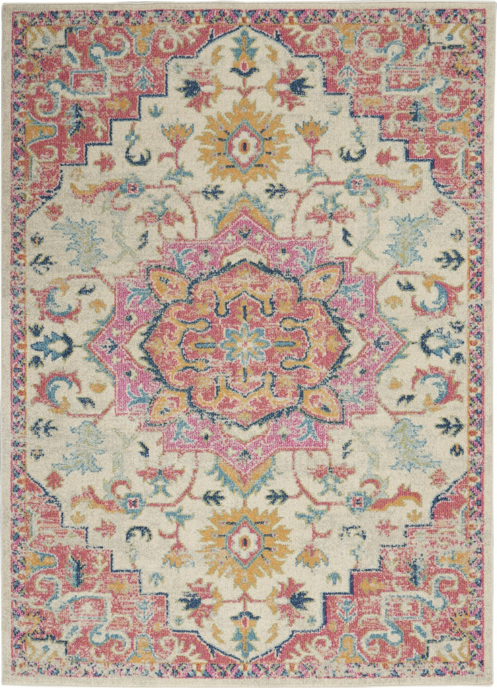 7’ x 10’ Ivory and Pink Medallion Area Rug