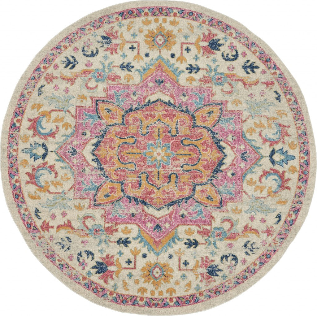 8’ Round Ivory and Pink Medallion Area Rug