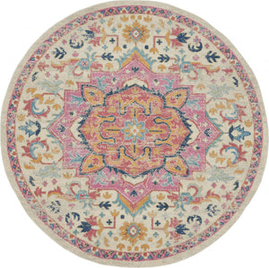 8’ Round Ivory and Pink Medallion Area Rug