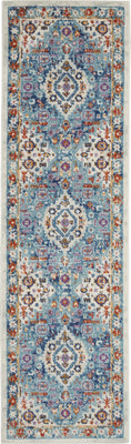 2’ x 8’ Ivory and Blue Floral Motifs Runner Rug