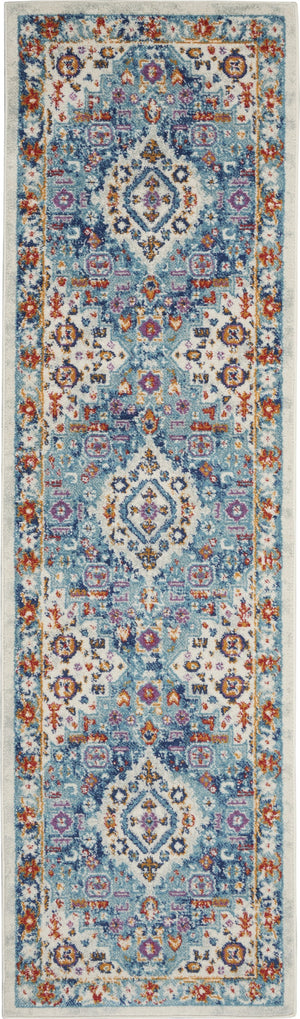 2’ x 8’ Ivory and Blue Floral Motifs Runner Rug
