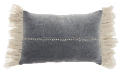 Wide Tasseled Marble Steel Blue Lumbar Pillow