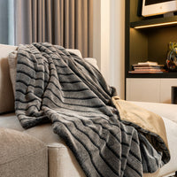 Premier Luxury Gray Stripe Faux Fur Throw Blanket