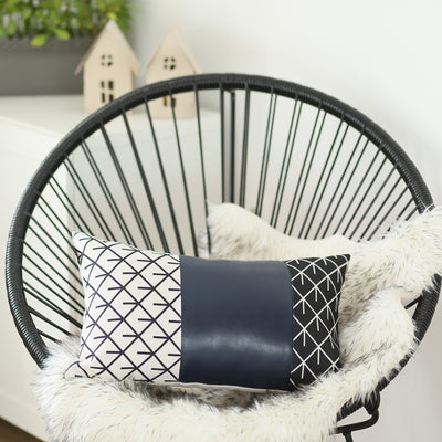 Navy Bohemian Lattice Pattern and Faux Leather Lumbar Pillow Cover