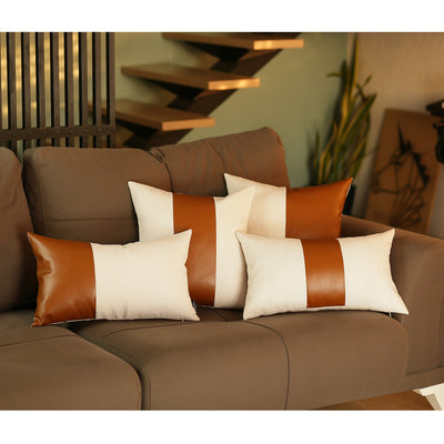 Set of 2 White and Rustic Brown Faux Leather Square Pillow Covers