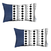 Set of 2 Diamond and Navy Blue Faux Leather Lumbar Pillow Covers