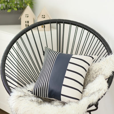 Set of 2 Black and White Stripe and Blue Faux Leather Pillow Covers
