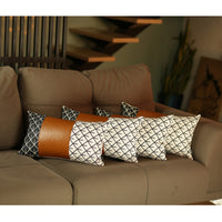 Set of 4 Black and White Reverse with Faux Leather Lumbar Pillow Covers