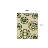 7' x 10' Ivory Indigo and Lime Medallion Disc Indoor Outdoor Area Rug