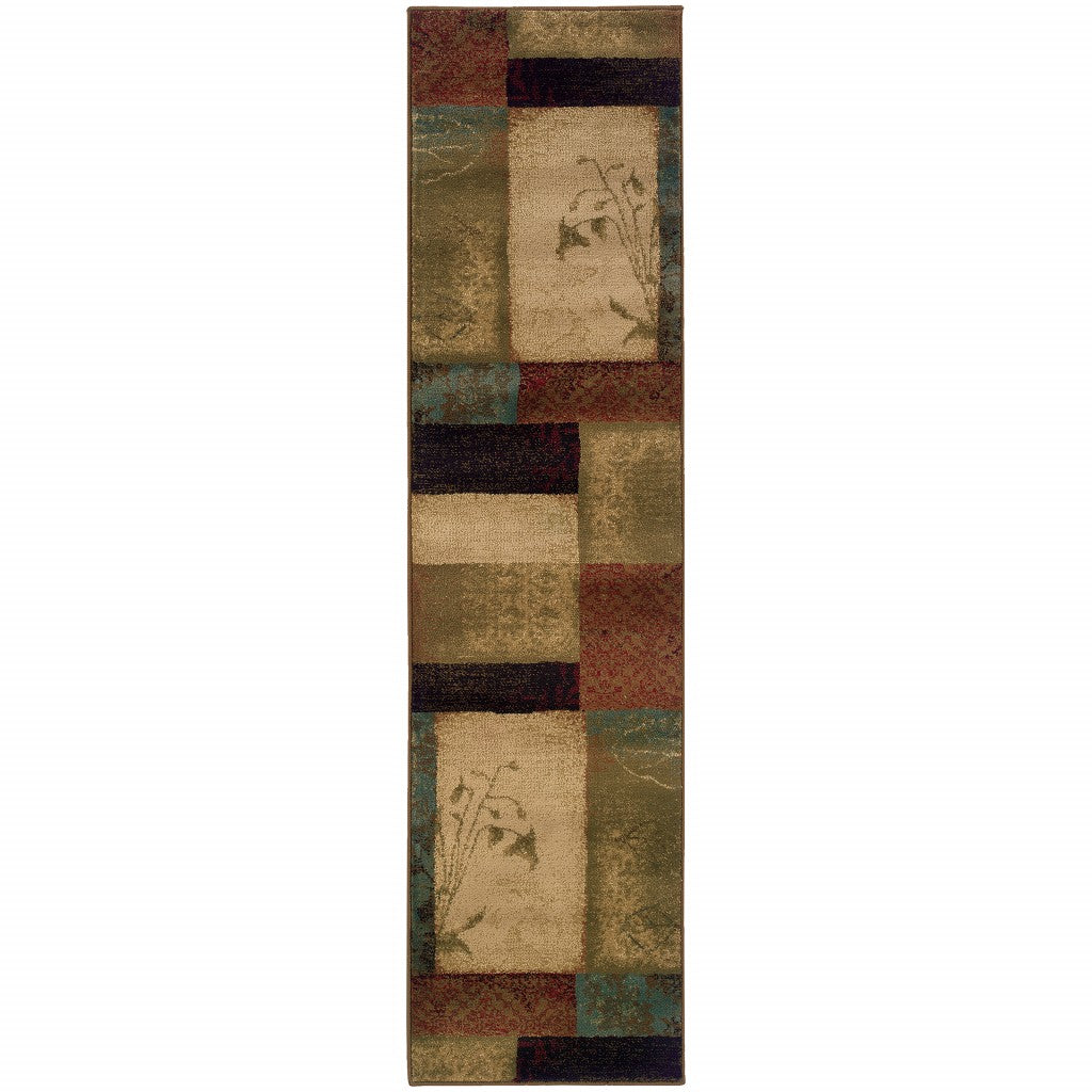 2’ x 8’ Beige and Brown Floral Block Pattern Runner Rug