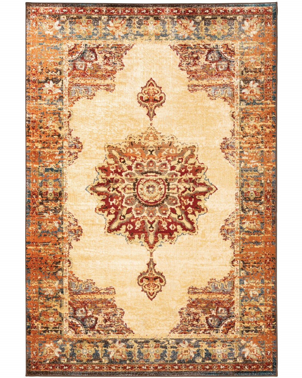 7’ x 9’ Gold and Orage Floral MedallionArea Rug