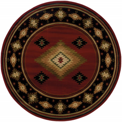 8’ Round Red and Beige Ikat Pattern Area Rug