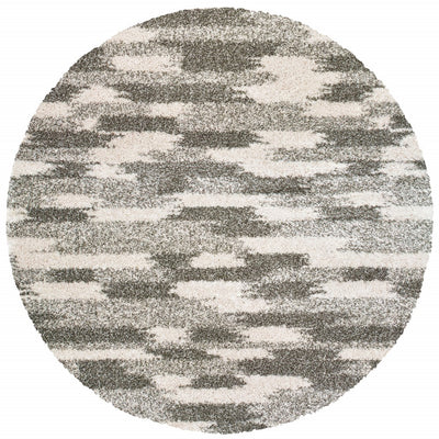 8’ Round Gray and Ivory Geometric Pattern Area Rug
