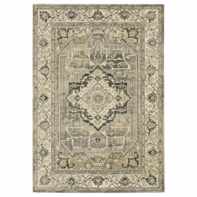 2’ x 8’ Beige and Gray Traditional Medallion Indoor Runner Rug