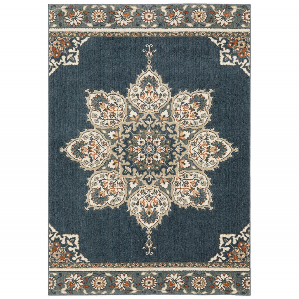 7’ x 9’ Blue and Beige Floral Medallion Indoor Area Rug