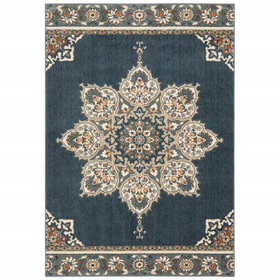 10’ x 13’ Blue and Beige Floral Medallion Indoor Area Rug