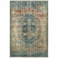 8’ x 11’ Sand and Blue Distressed Indoor Area Rug