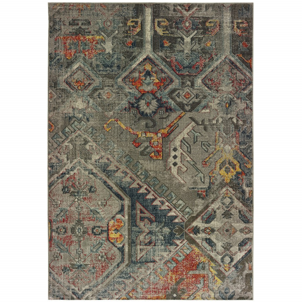 6' x 9' Distressed Grey Machine Woven Tribal Abstract Indoor Area Rug