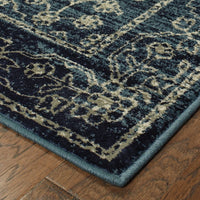 9' x 12' Navy Beige Machine Woven Oriental Indoor Area Rug