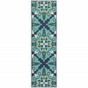 2’x8’ Blue and Green Floral Indoor Outdoor Runner Rug
