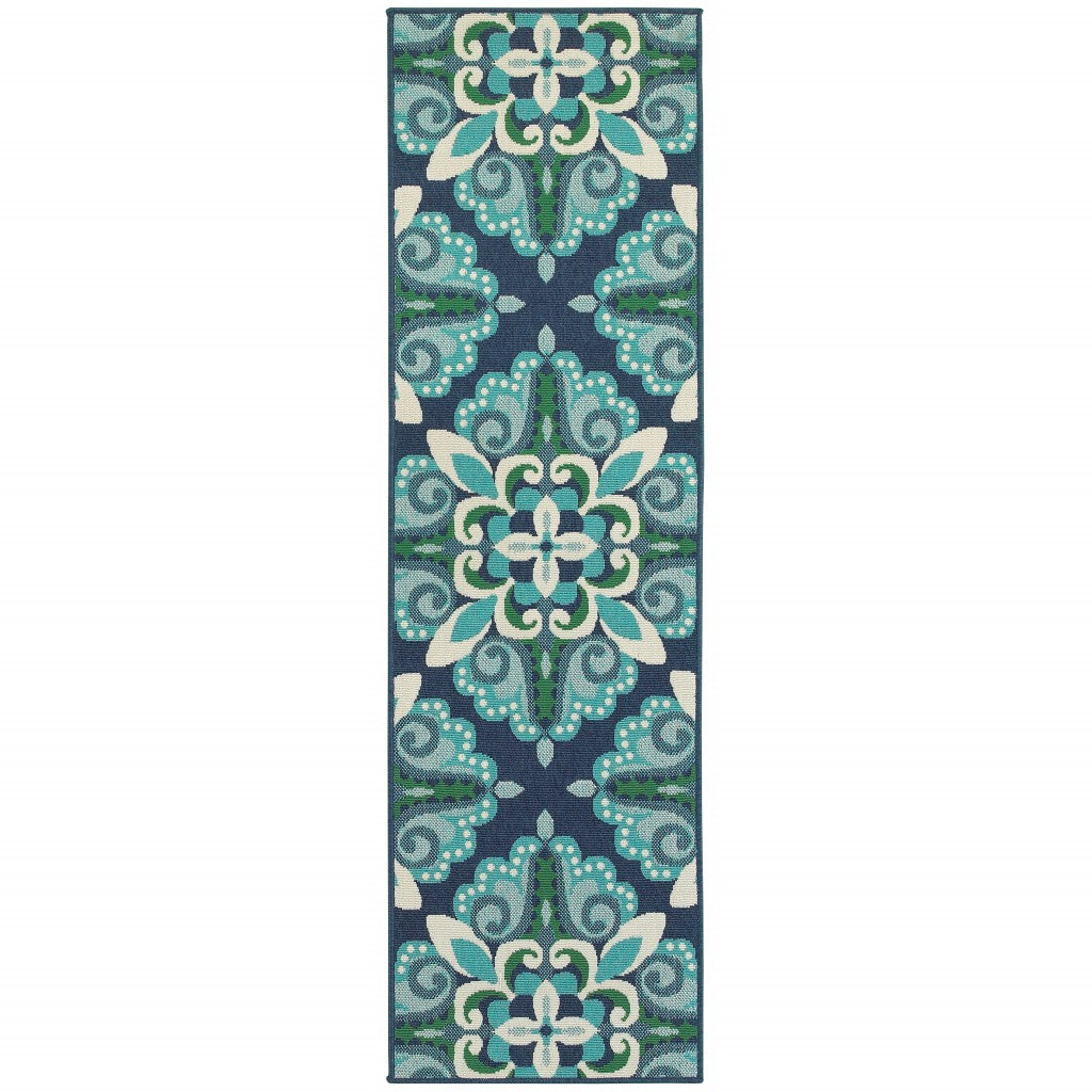 2’x8’ Blue and Green Floral Indoor Outdoor Runner Rug