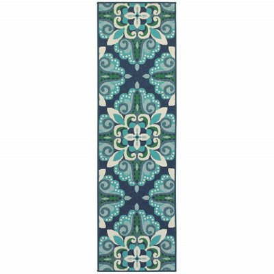 2’x8’ Blue and Green Floral Indoor Outdoor Runner Rug