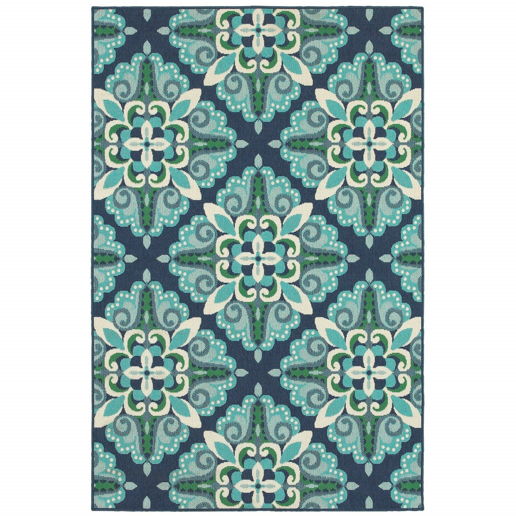 7’x10’ Blue and Green Floral Indoor Outdoor Area Rug
