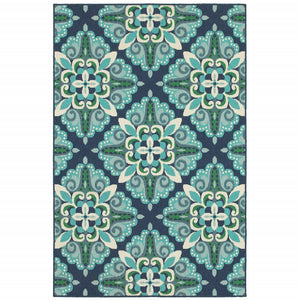 8’x11’ Blue and Green Floral Indoor Outdoor Area Rug