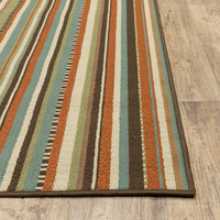 7’x10’ Green and Brown Striped Indoor Outdoor Area Rug